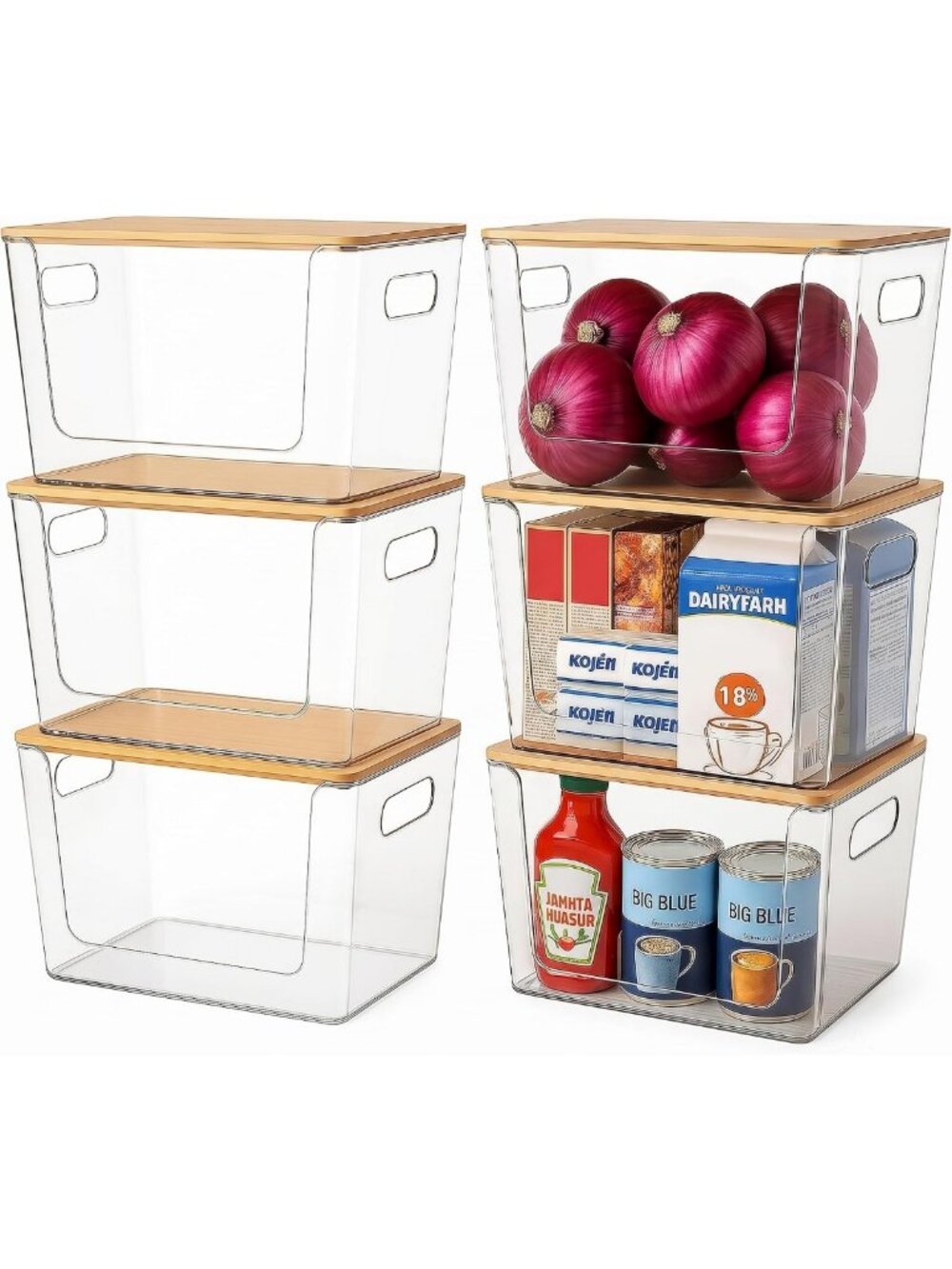 6 Pack Clear Stackable Storage Bins with Bamboo Lids, Trash Bag Holder Dispenser